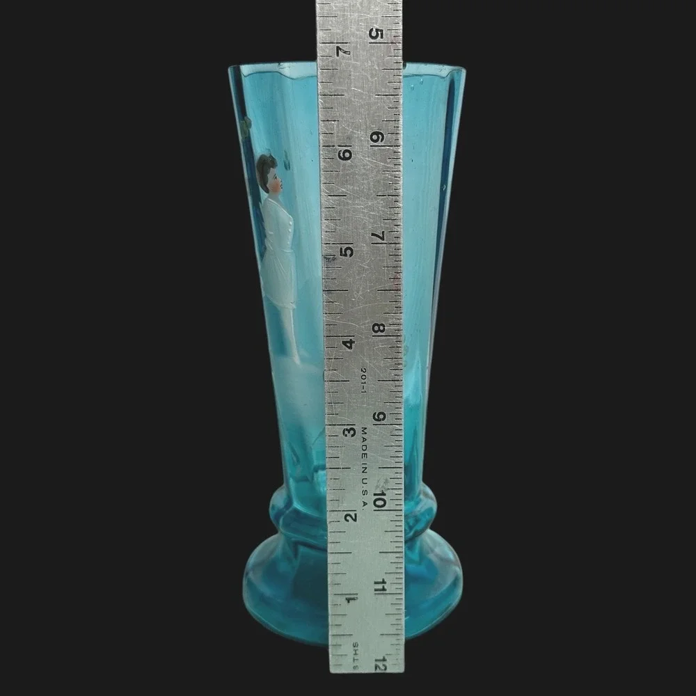 Antique Mary Gregory Turquoise‎ Blue Art Glass Vase Hand Painted Girl 6.5